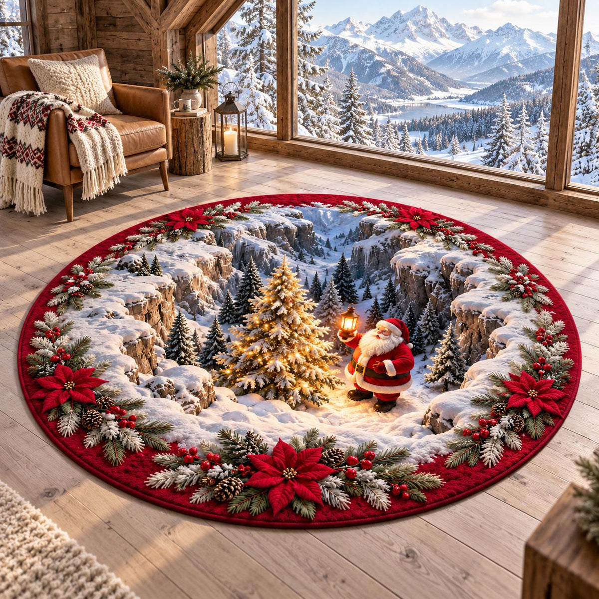 Christmas round rug Santa snowy ravine 3D illusion