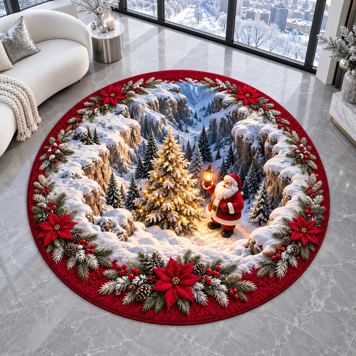 Christmas round rug Santa snowy ravine 3D illusion