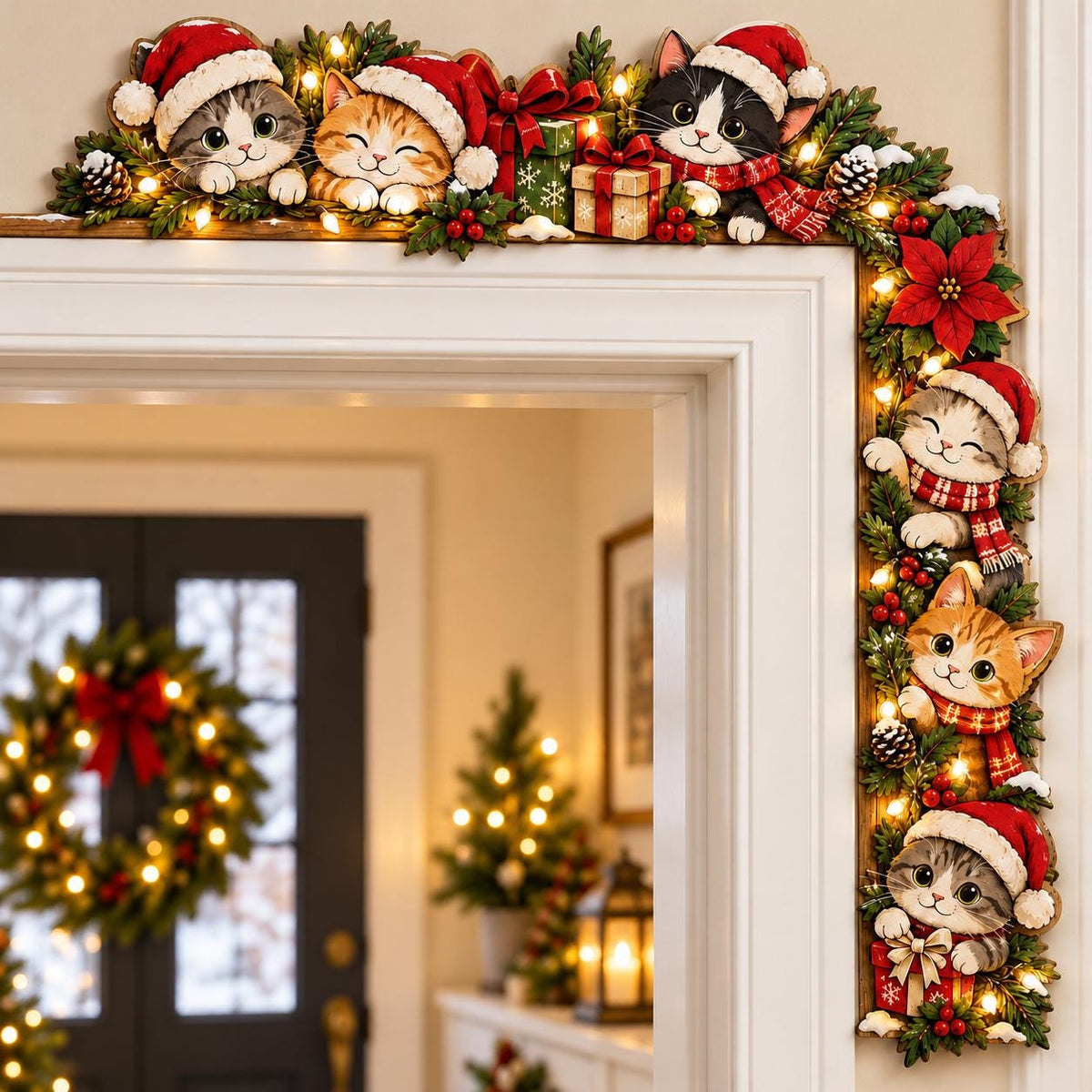 Christmas cats Santa hat wooden door corner sign
