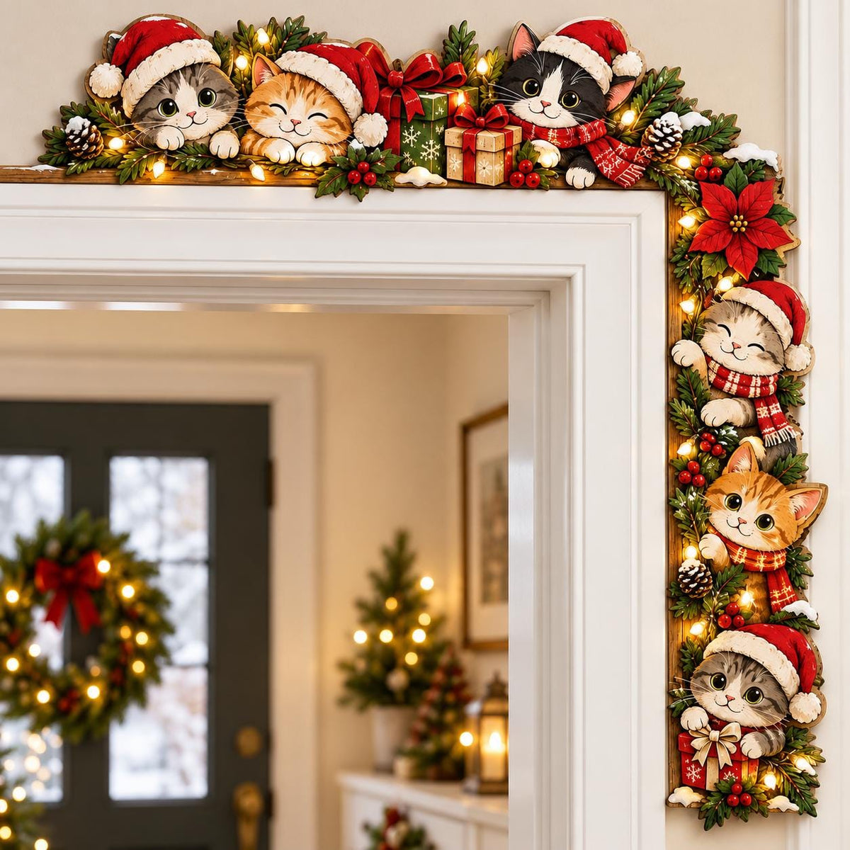 Christmas cats Santa hat wooden door corner sign