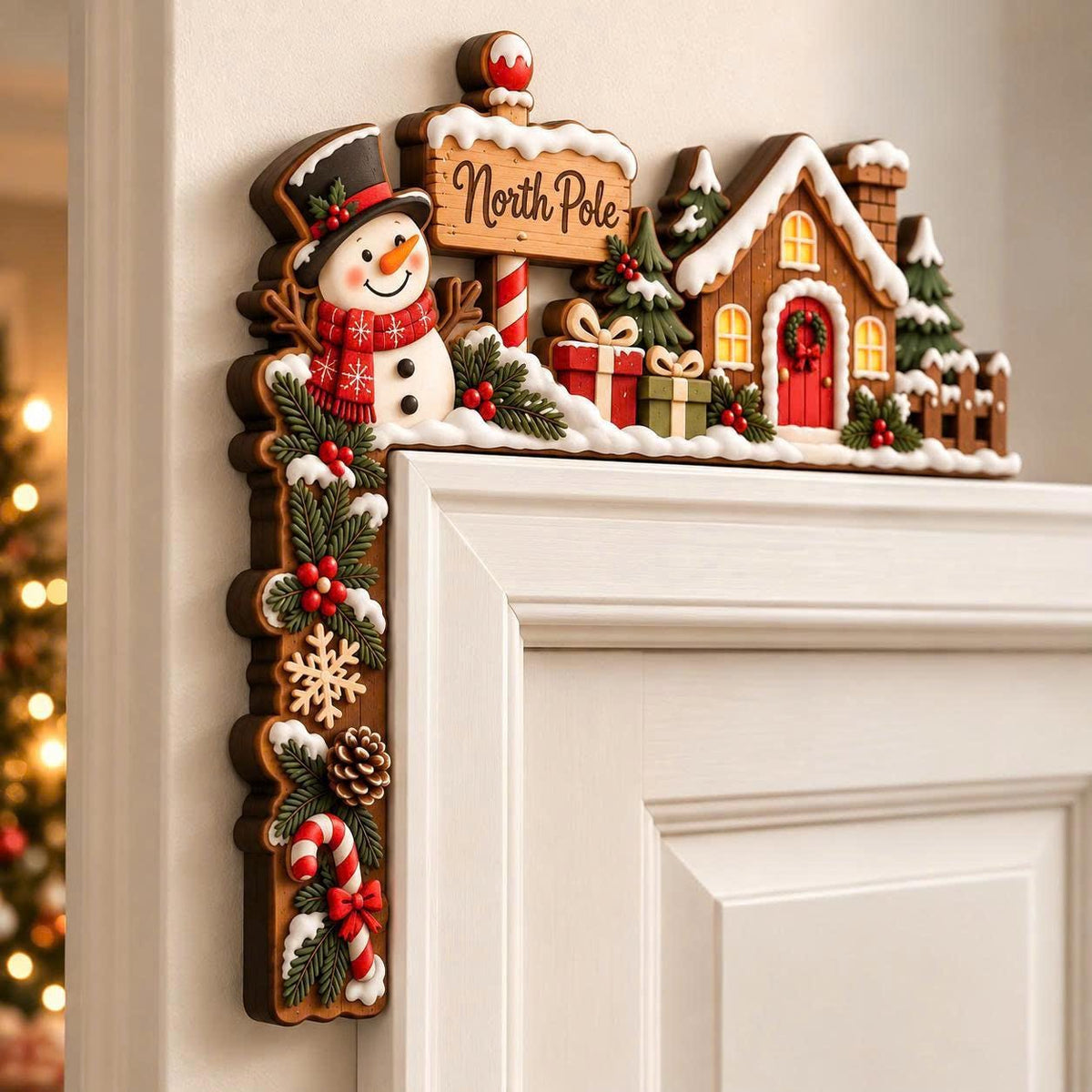 North Pole snowman Christmas wooden door corner decor