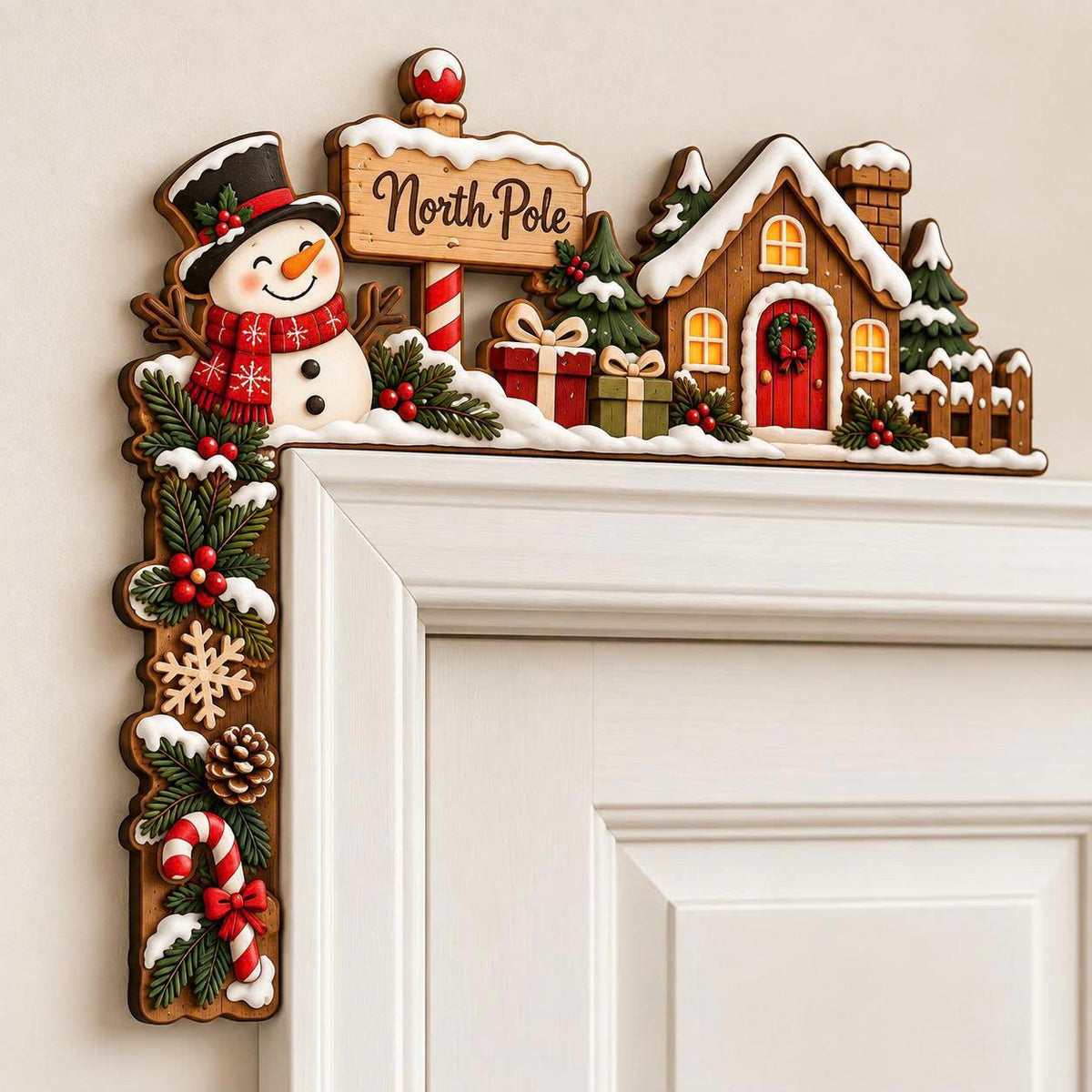 North Pole snowman Christmas wooden door corner decor