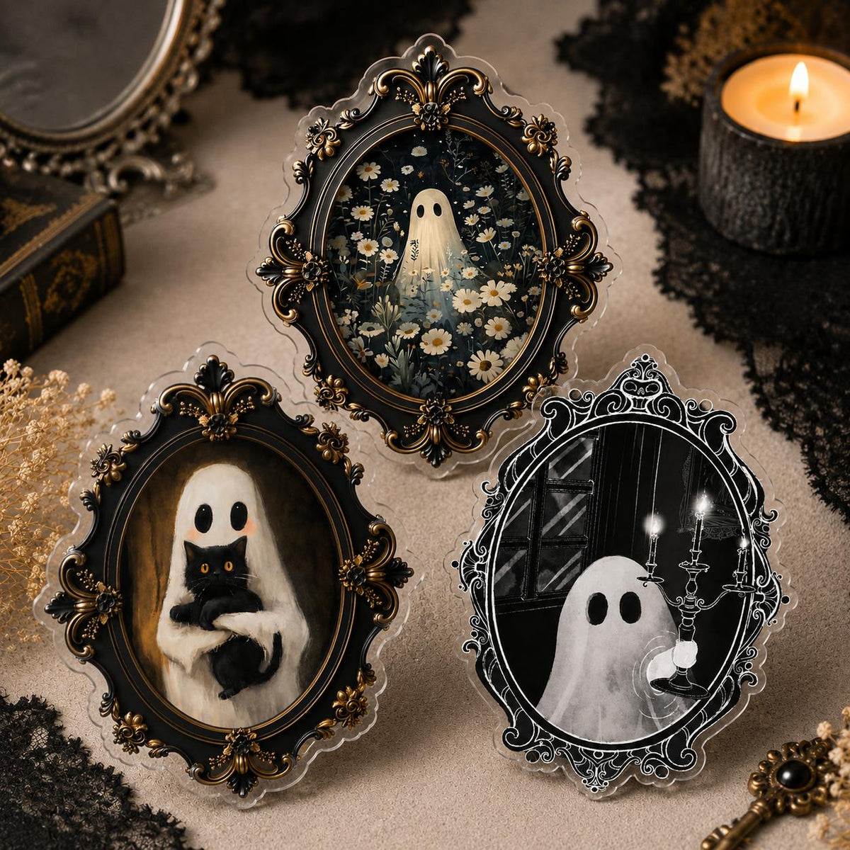 Vintage Ghost Phone Grip, Gothic Halloween Acrylic Phone Holder, Cute Spooky Ghost Cat Phone Grip, Fall Horror Gift for Halloween Lovers