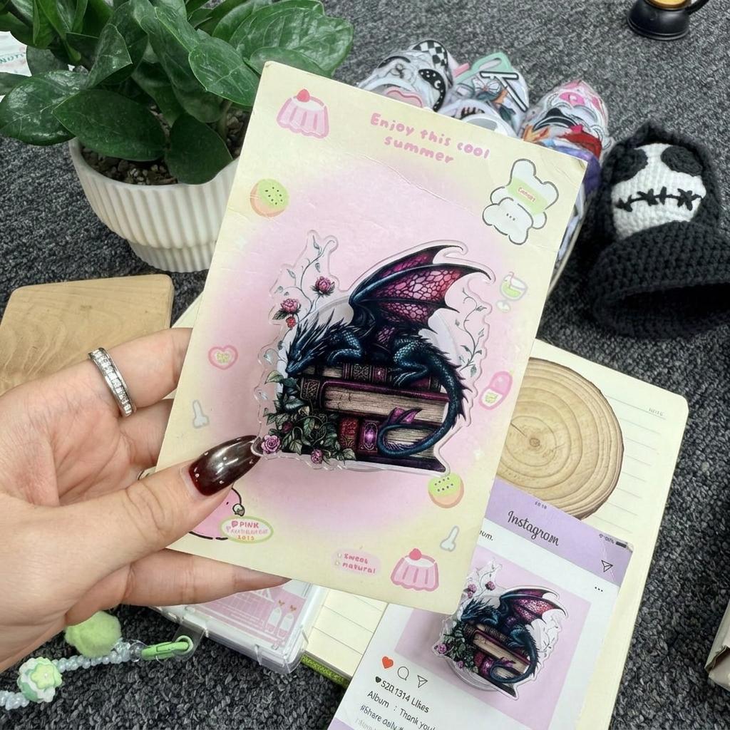 Fantasy Dragon on Books Phone Grip, Dark Aesthetic Magnetic Pop Holder, Trendy Phone Accessory for Teens & Book Lovers