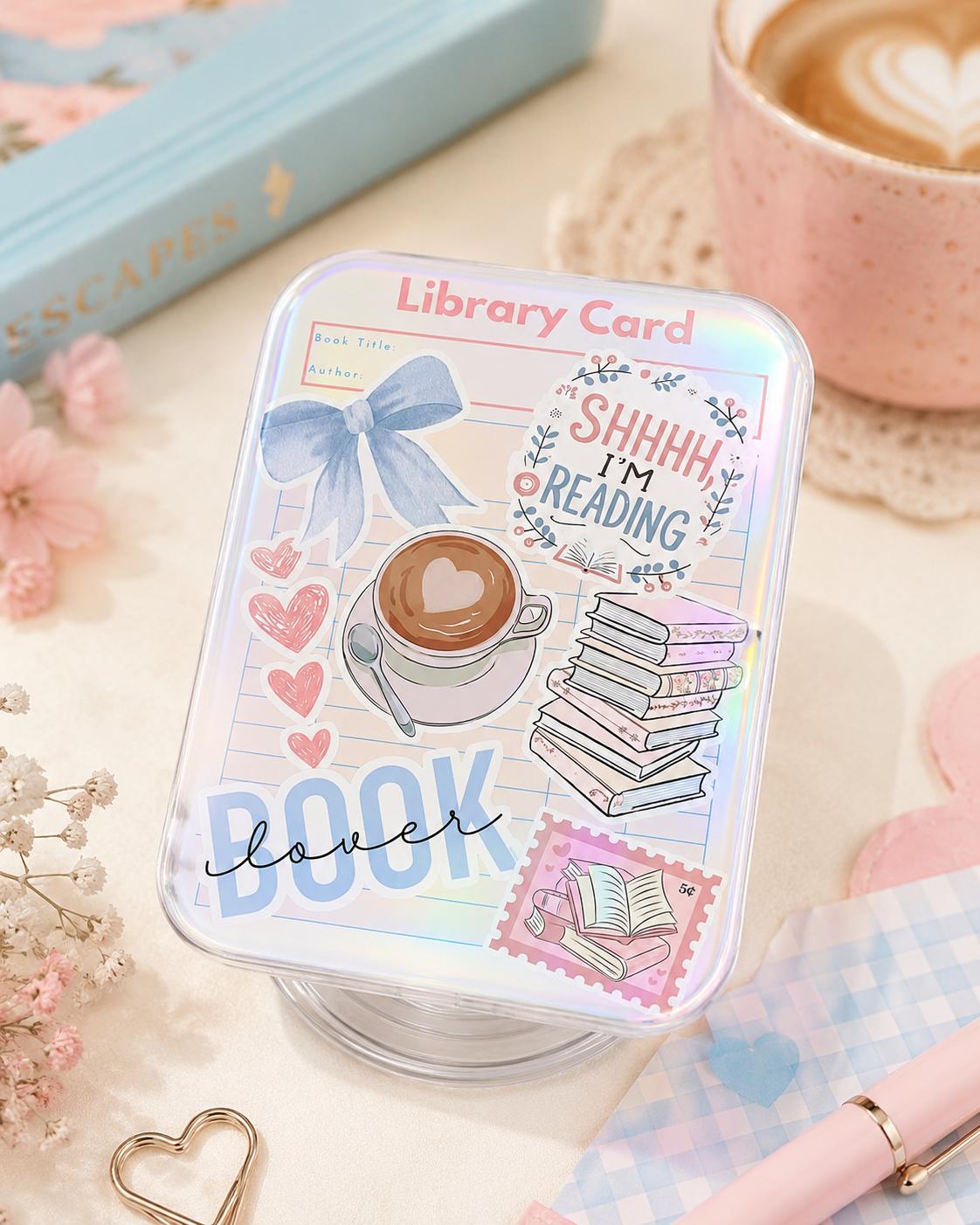 Cute Library Card Phone Grip – Book Lover Magnetic Phone Holder & Stand, Aesthetic Bookish Reading Accessory