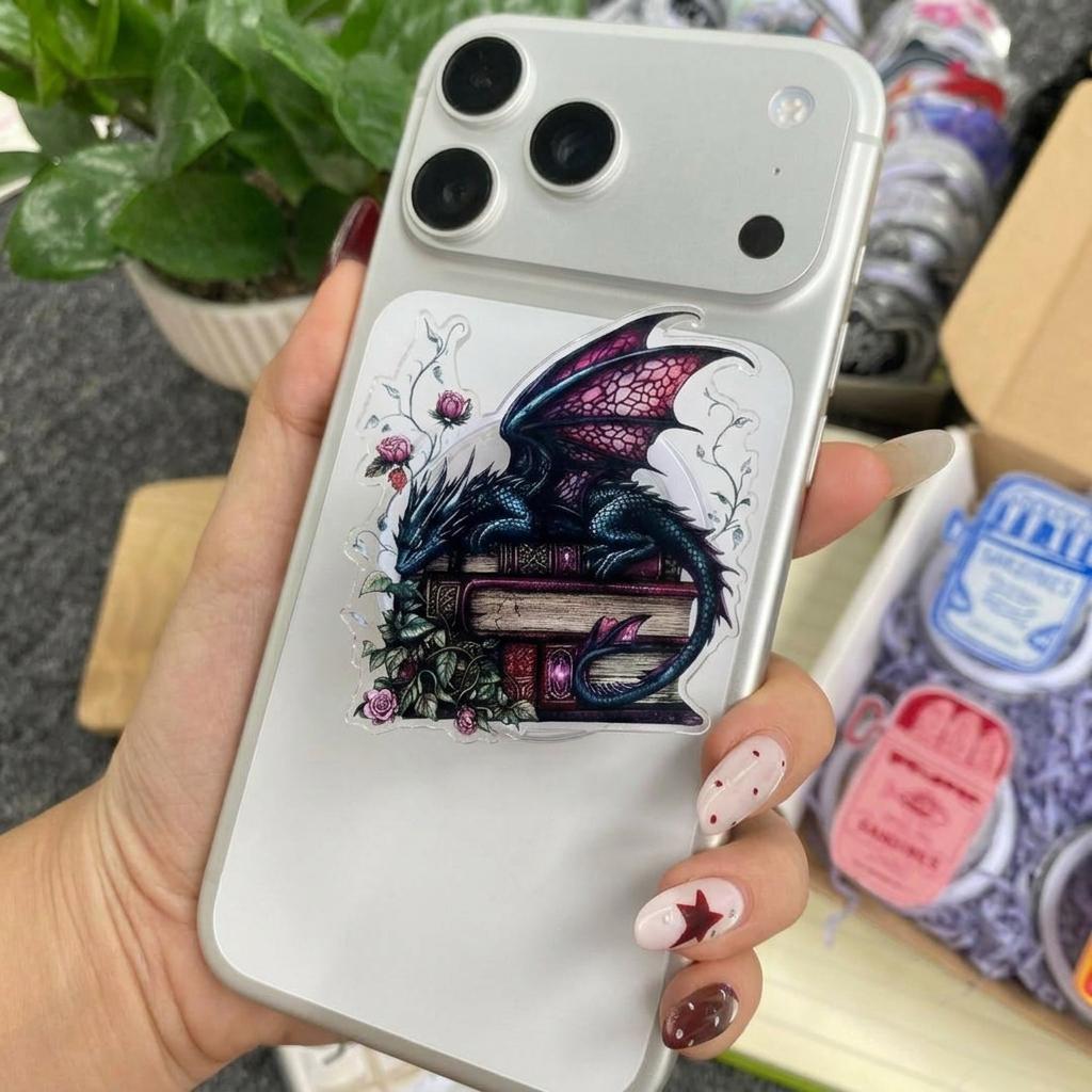 Fantasy Dragon on Books Phone Grip, Dark Aesthetic Magnetic Pop Holder, Trendy Phone Accessory for Teens & Book Lovers