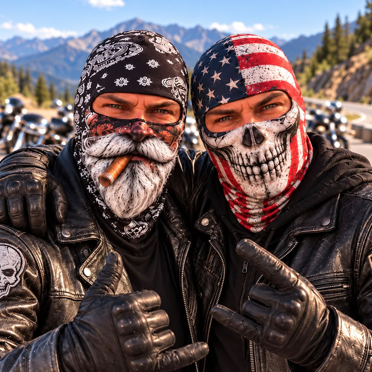 Biker Balaclava Face Cover – Beard Print & American Flag Skull Designs